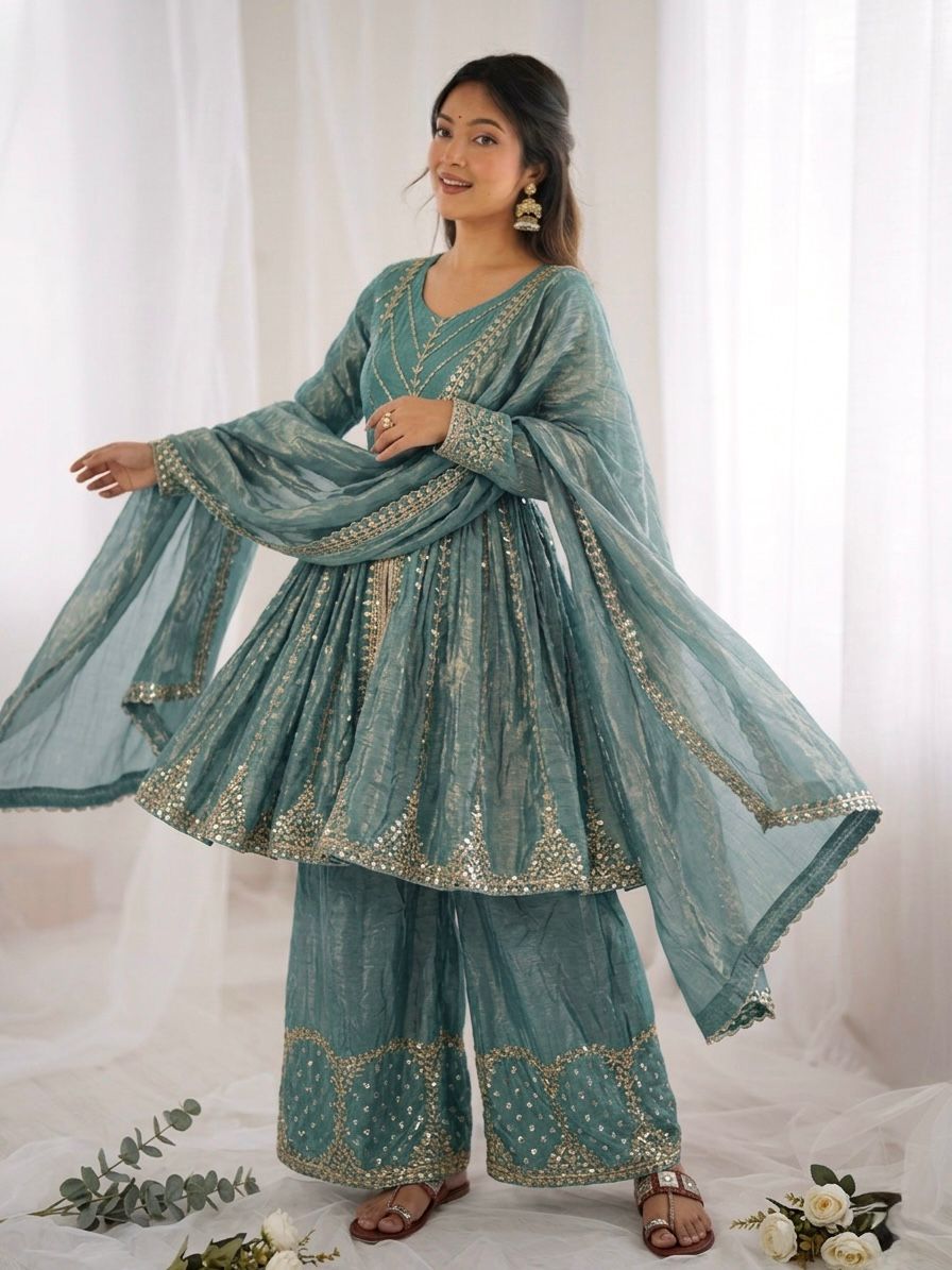 Sea green Fandy Silk Embroidery Sequence Work Suit Set