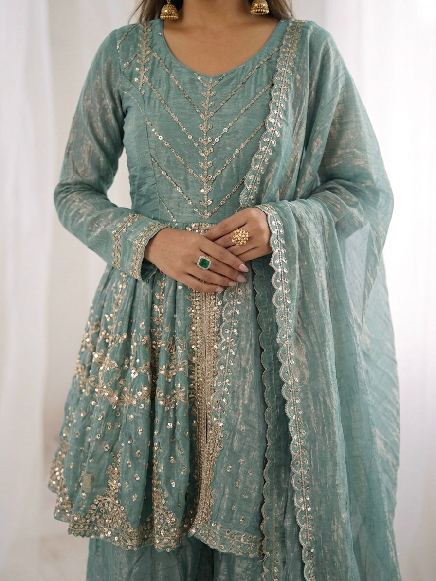 Sea green Fandy Silk Embroidery Sequence Work Suit Set