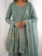 Sea green Fandy Silk Embroidery Sequence Work Suit Set