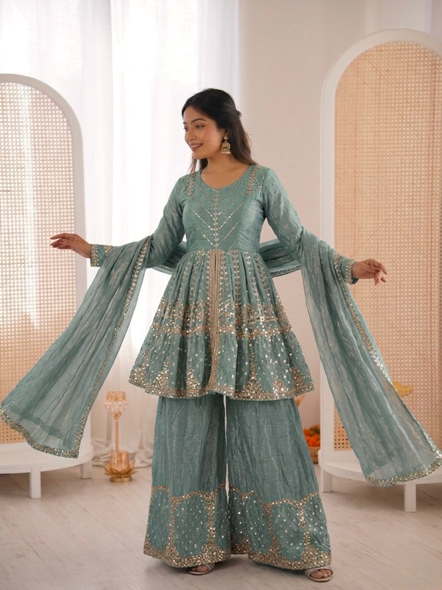 Sea green Fandy Silk Embroidery Sequence Work Suit Set