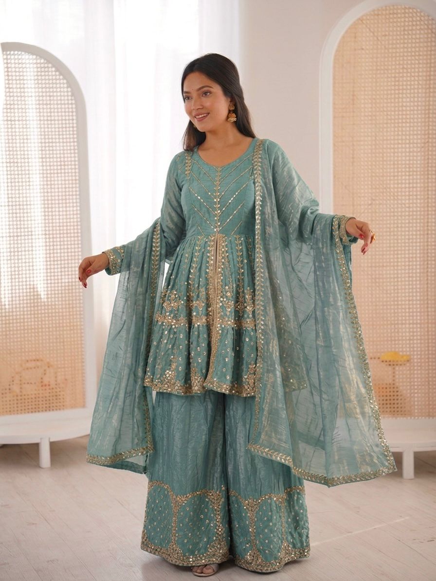 Sea green Fandy Silk Embroidery Sequence Work Suit Set