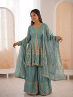 Sea green Fandy Silk Embroidery Sequence Work Suit Set