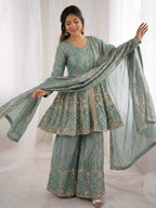 Sea green Fandy Silk Embroidery Sequence Work Suit Set