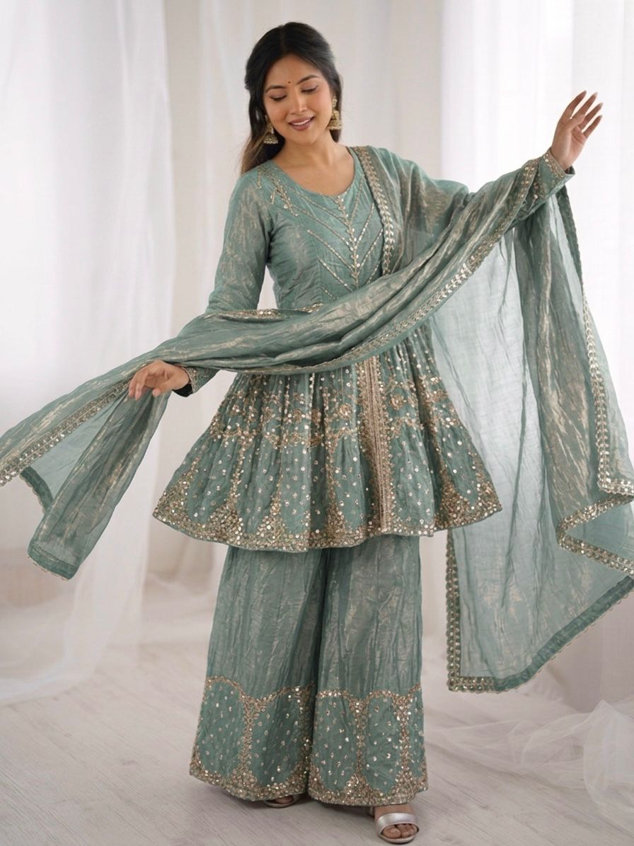 Sea green Fandy Silk Embroidery Sequence Work Suit Set