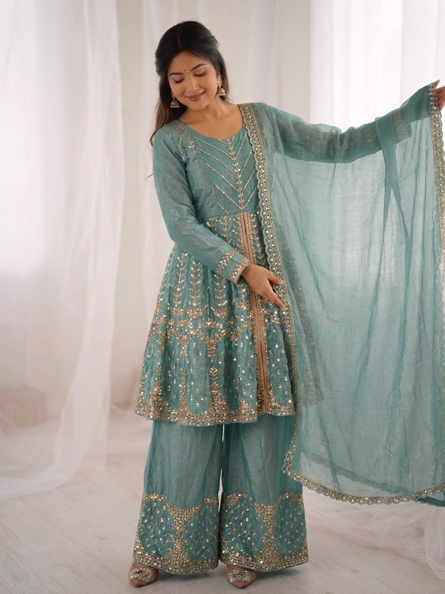 Sea green Fandy Silk Embroidery Sequence Work Suit Set