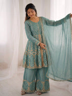 Sea green Fandy Silk Embroidery Sequence Work Suit Set