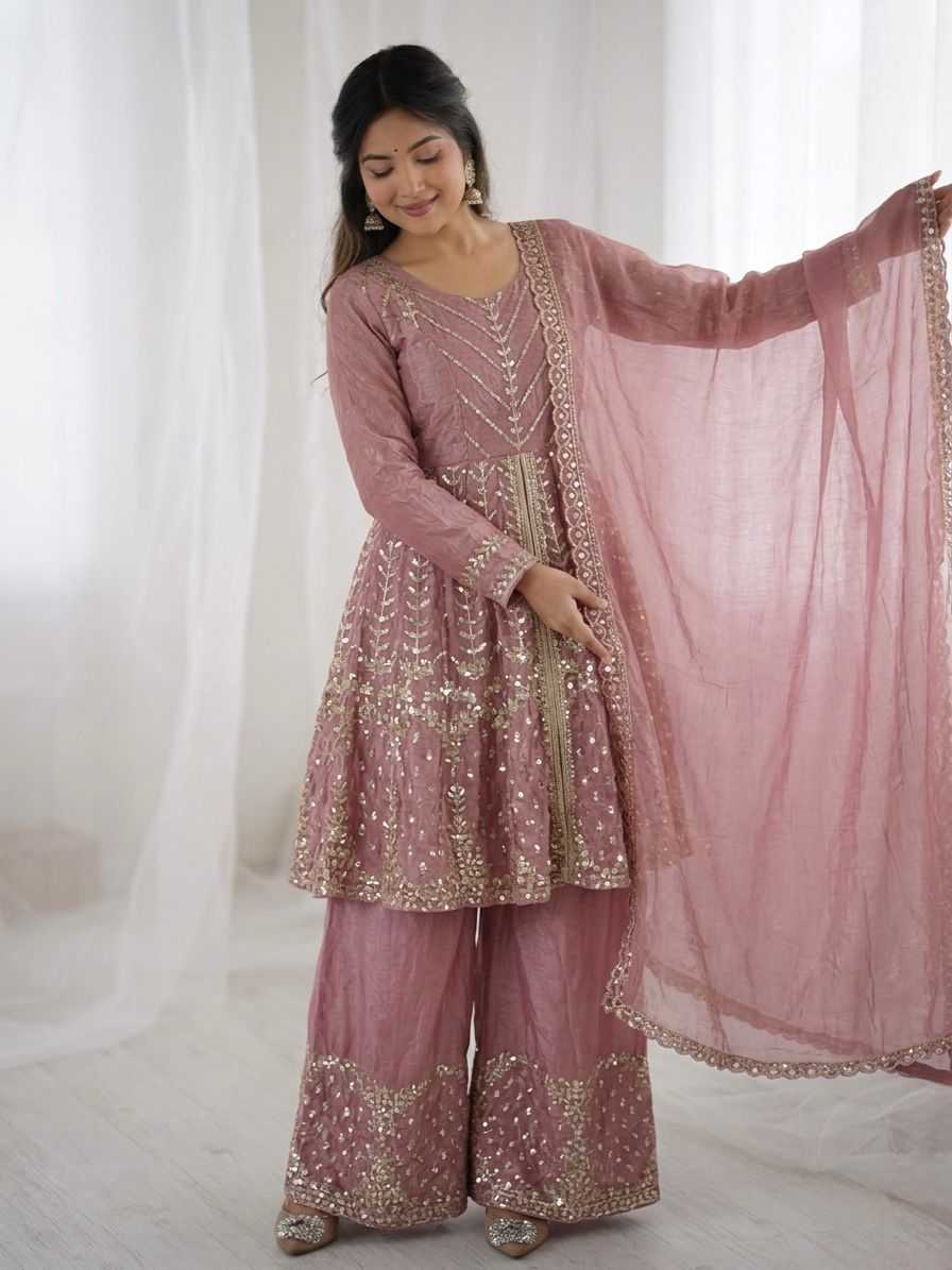 Onion Pink Fandy Silk Embroidery Sequence Work Suit Set