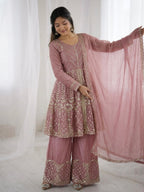 Onion Pink Fandy Silk Embroidery Sequence Work Suit Set