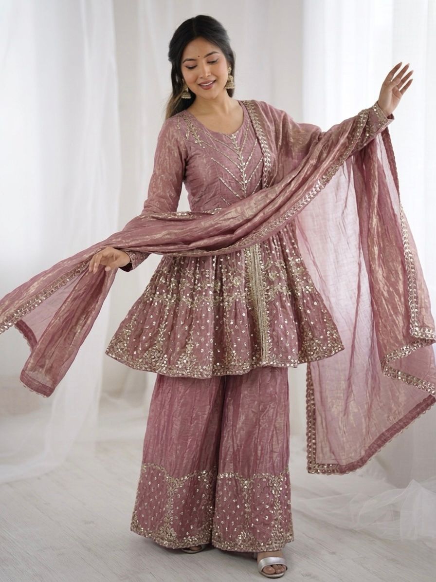 Onion Pink Fandy Silk Embroidery Sequence Work Suit Set