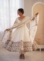 White Roman Silk Embroidery Sequence Work Suit Set