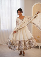 White Roman Silk Embroidery Sequence Work Suit Set