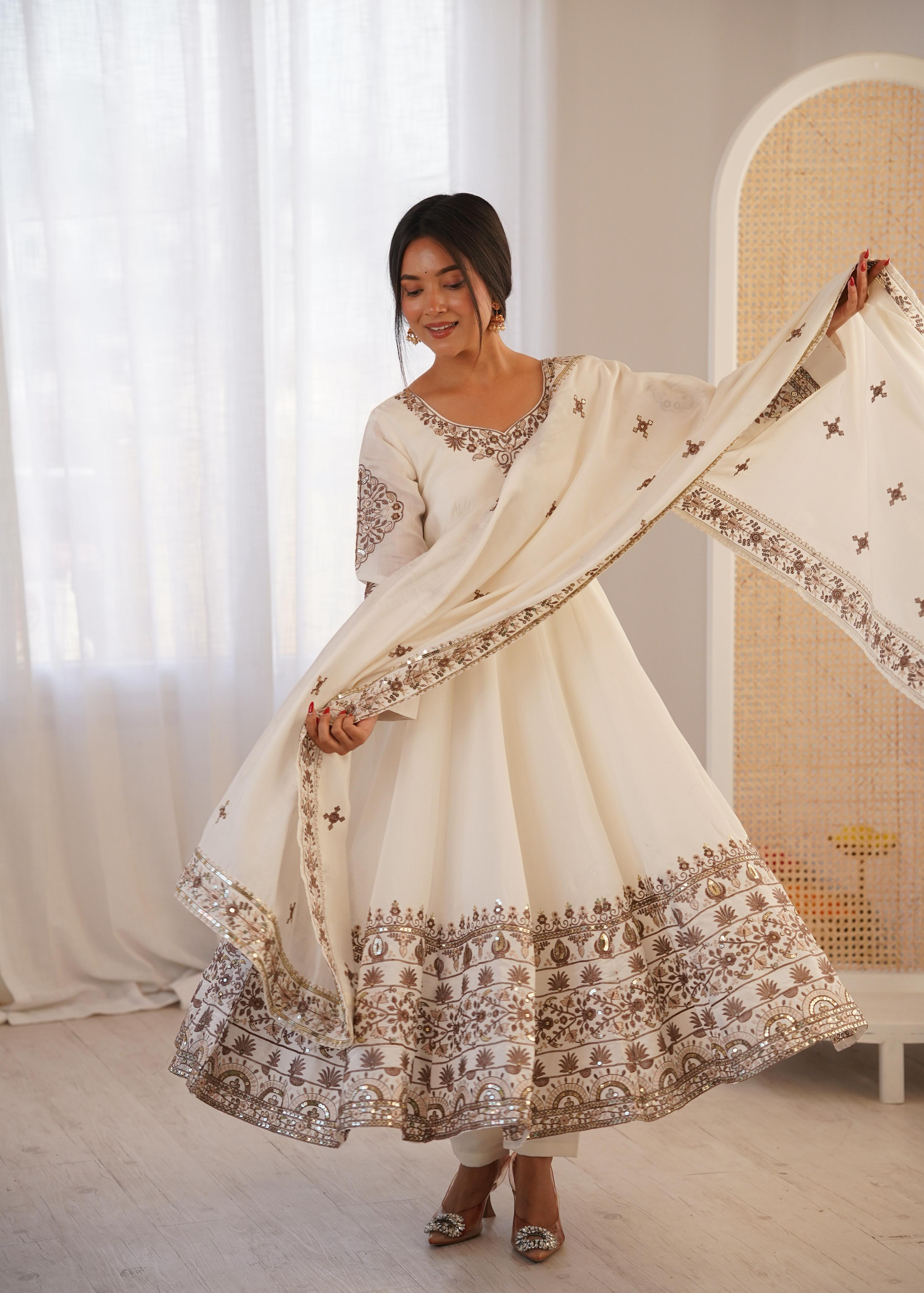 White Roman Silk Embroidery Sequence Work Suit Set