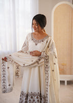 White Roman Silk Embroidery Sequence Work Suit Set