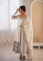 White Roman Silk Embroidery Sequence Work Suit Set