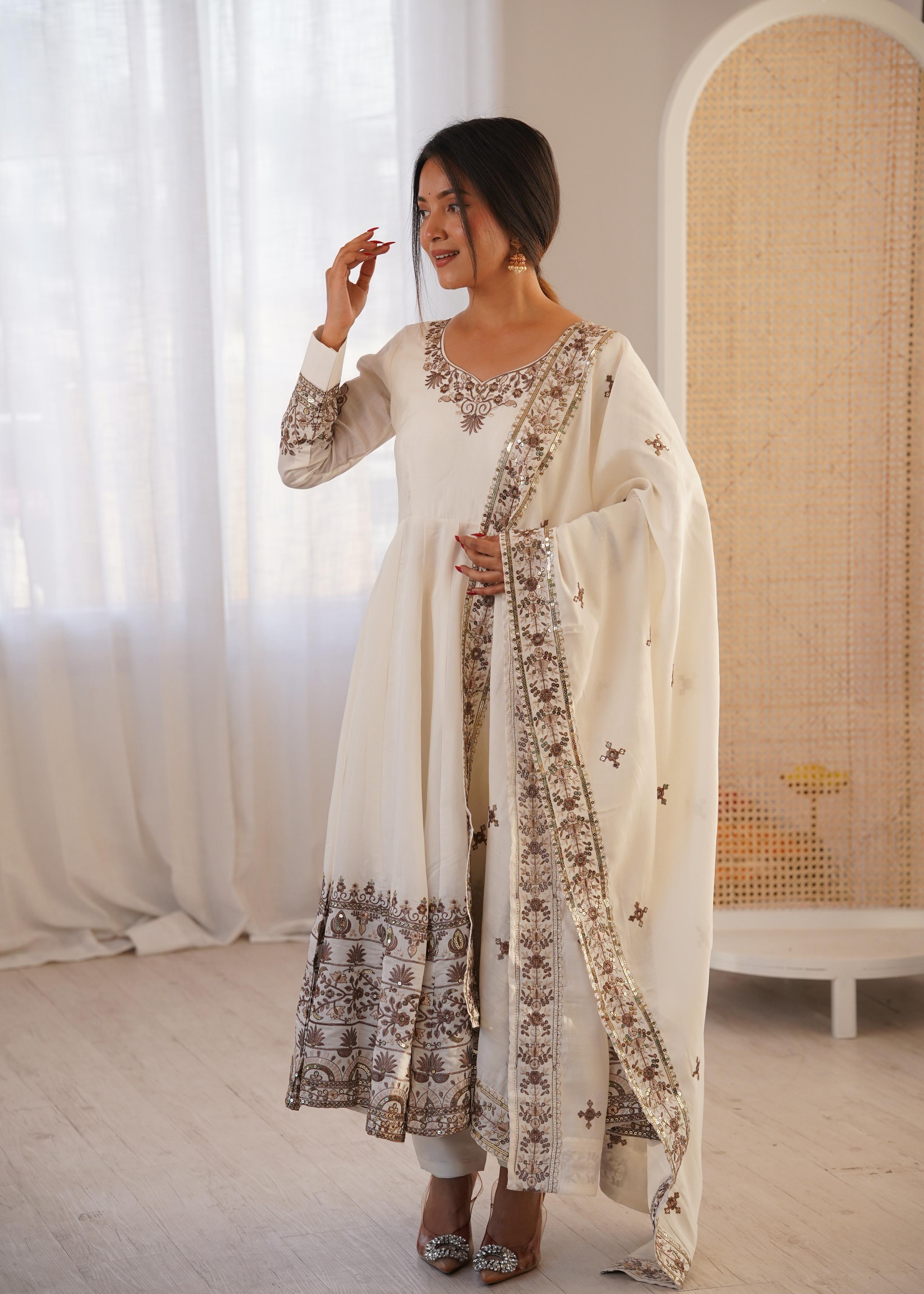 White Roman Silk Embroidery Sequence Work Suit Set