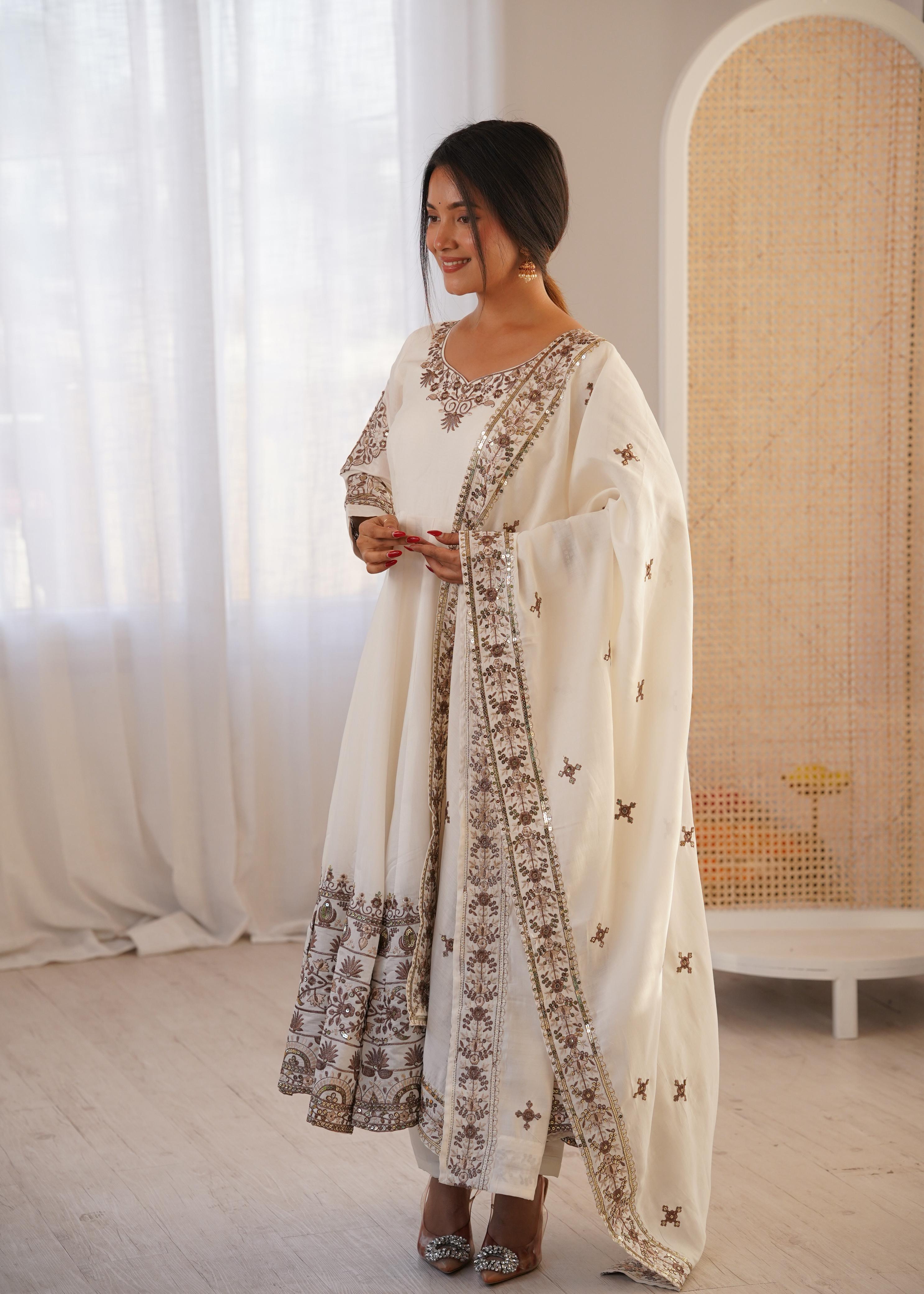 White Roman Silk Embroidery Sequence Work Suit Set