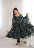 Teal green Crunchy Silk Jacquard Butti and Lace Work Suit Set