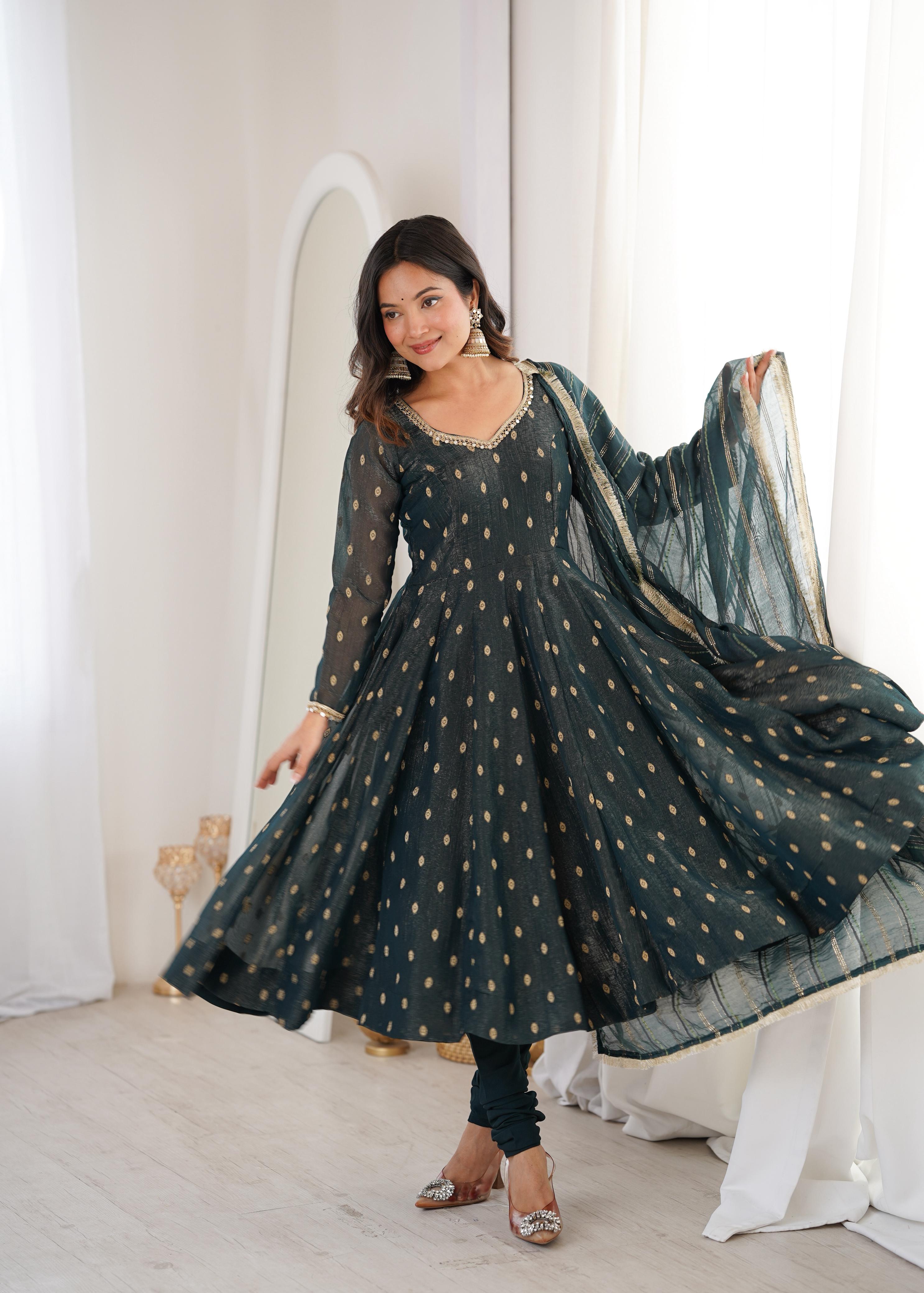 Teal green Crunchy Silk Jacquard Butti and Lace Work Suit Set
