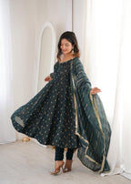 Teal green Crunchy Silk Jacquard Butti and Lace Work Suit Set