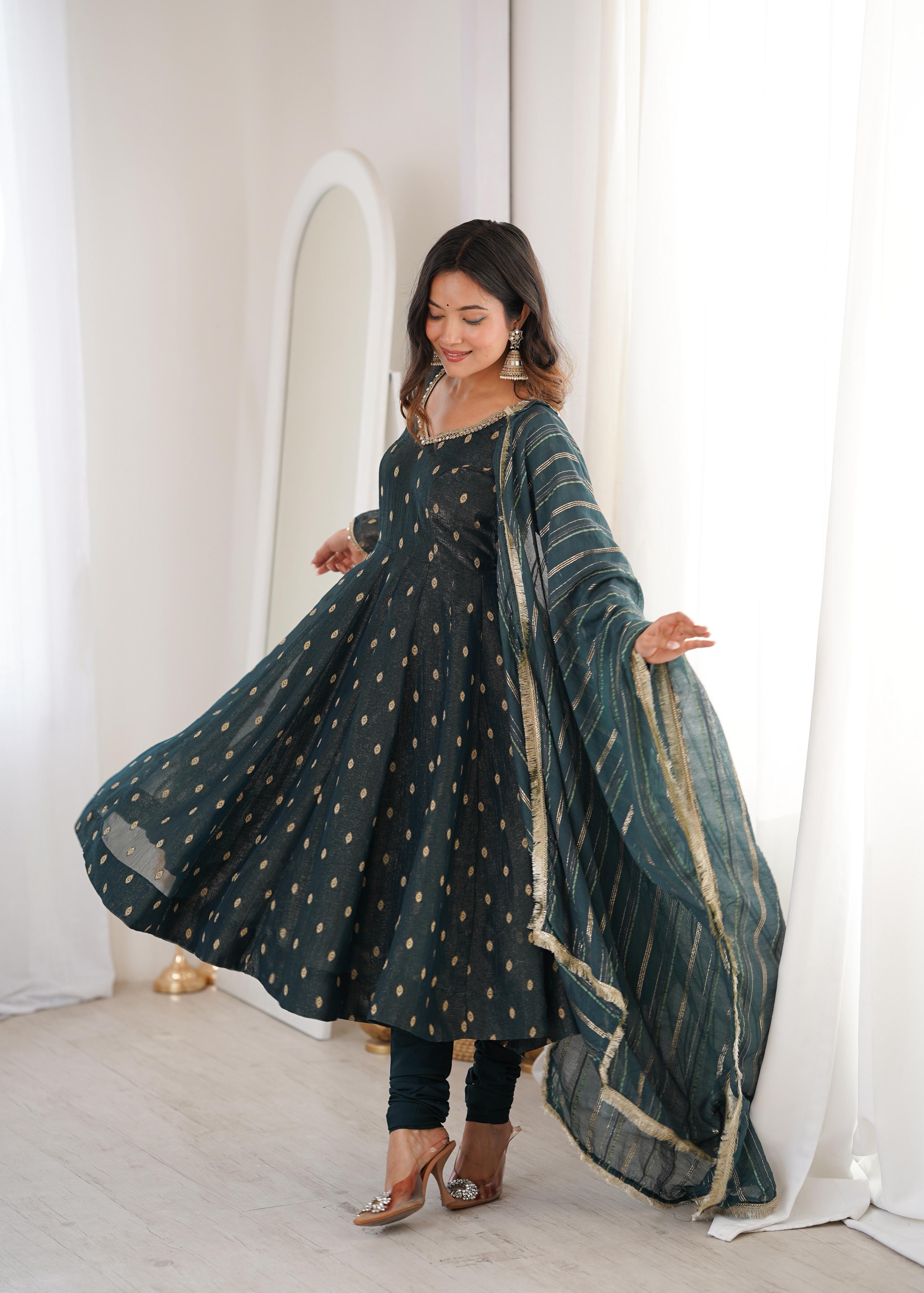 Teal green Crunchy Silk Jacquard Butti and Lace Work Suit Set