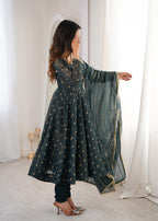 Teal green Crunchy Silk Jacquard Butti and Lace Work Suit Set