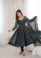 Teal green Crunchy Silk Jacquard Butti and Lace Work Suit Set