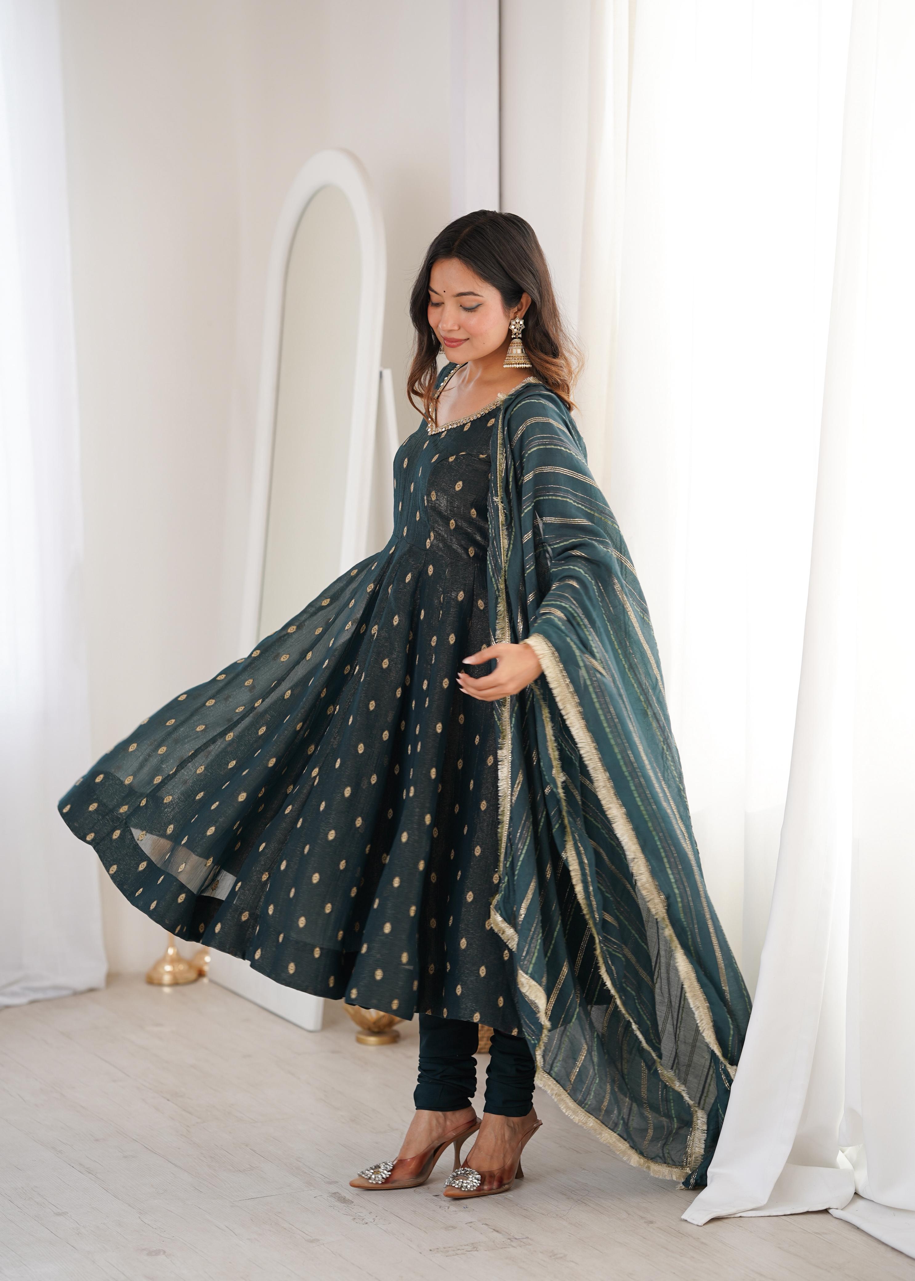 Teal green Crunchy Silk Jacquard Butti and Lace Work Suit Set