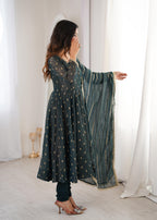 Teal green Crunchy Silk Jacquard Butti and Lace Work Suit Set