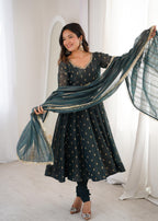 Teal green Crunchy Silk Jacquard Butti and Lace Work Suit Set