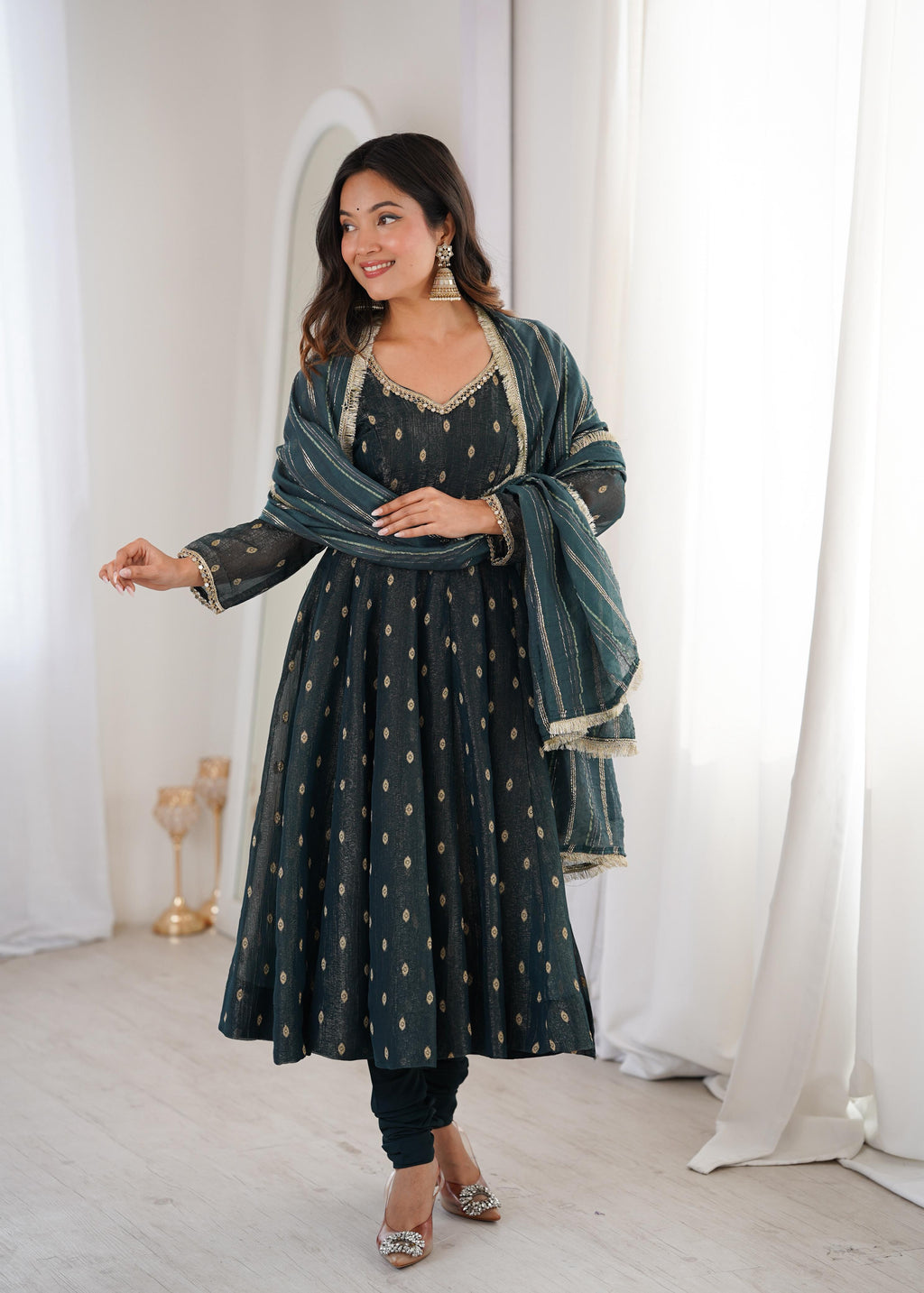 Teal green Crunchy Silk Jacquard Butti and Lace Work Suit Set