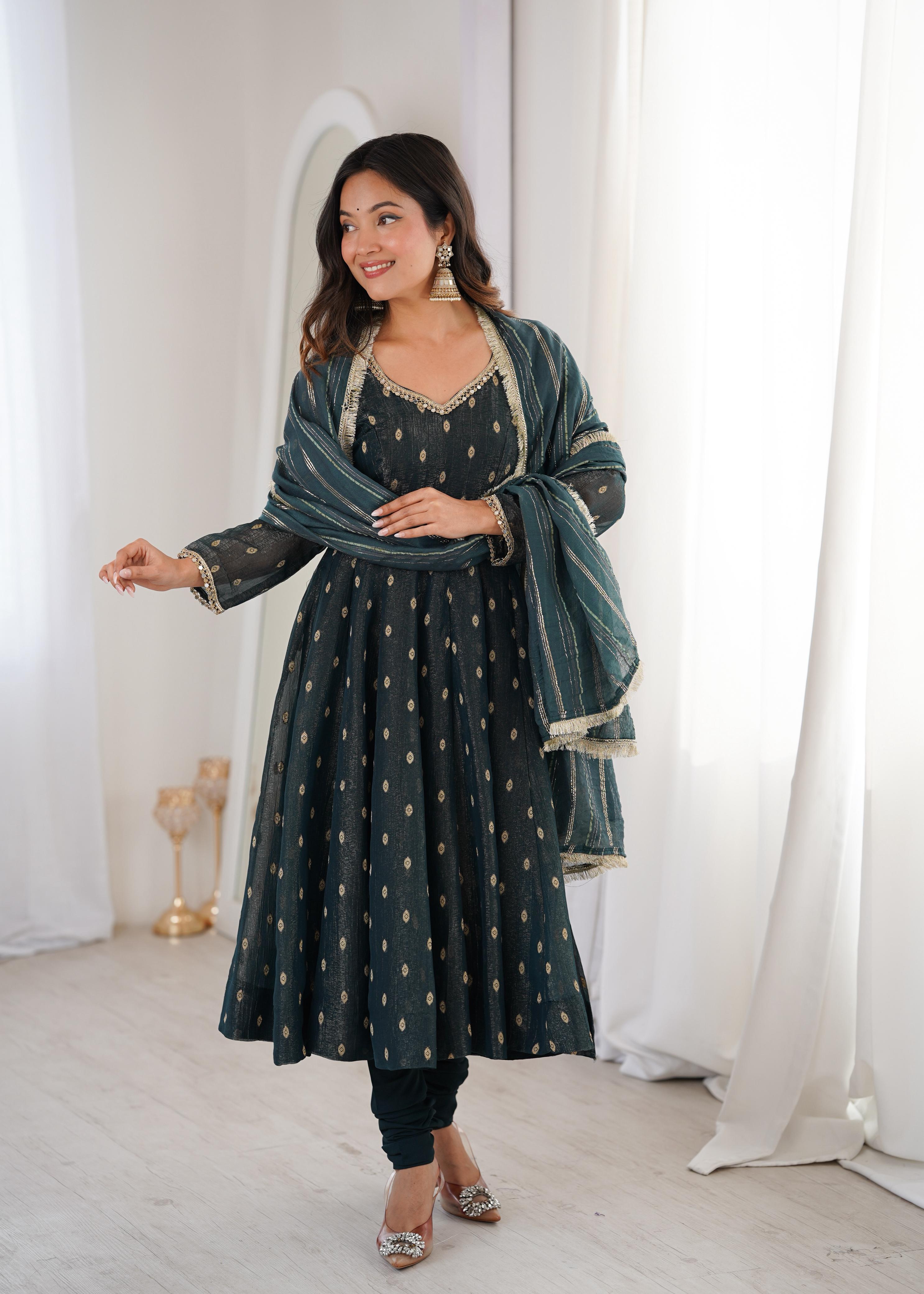 Teal green Crunchy Silk Jacquard Butti and Lace Work Suit Set