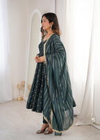 Teal green Crunchy Silk Jacquard Butti and Lace Work Suit Set