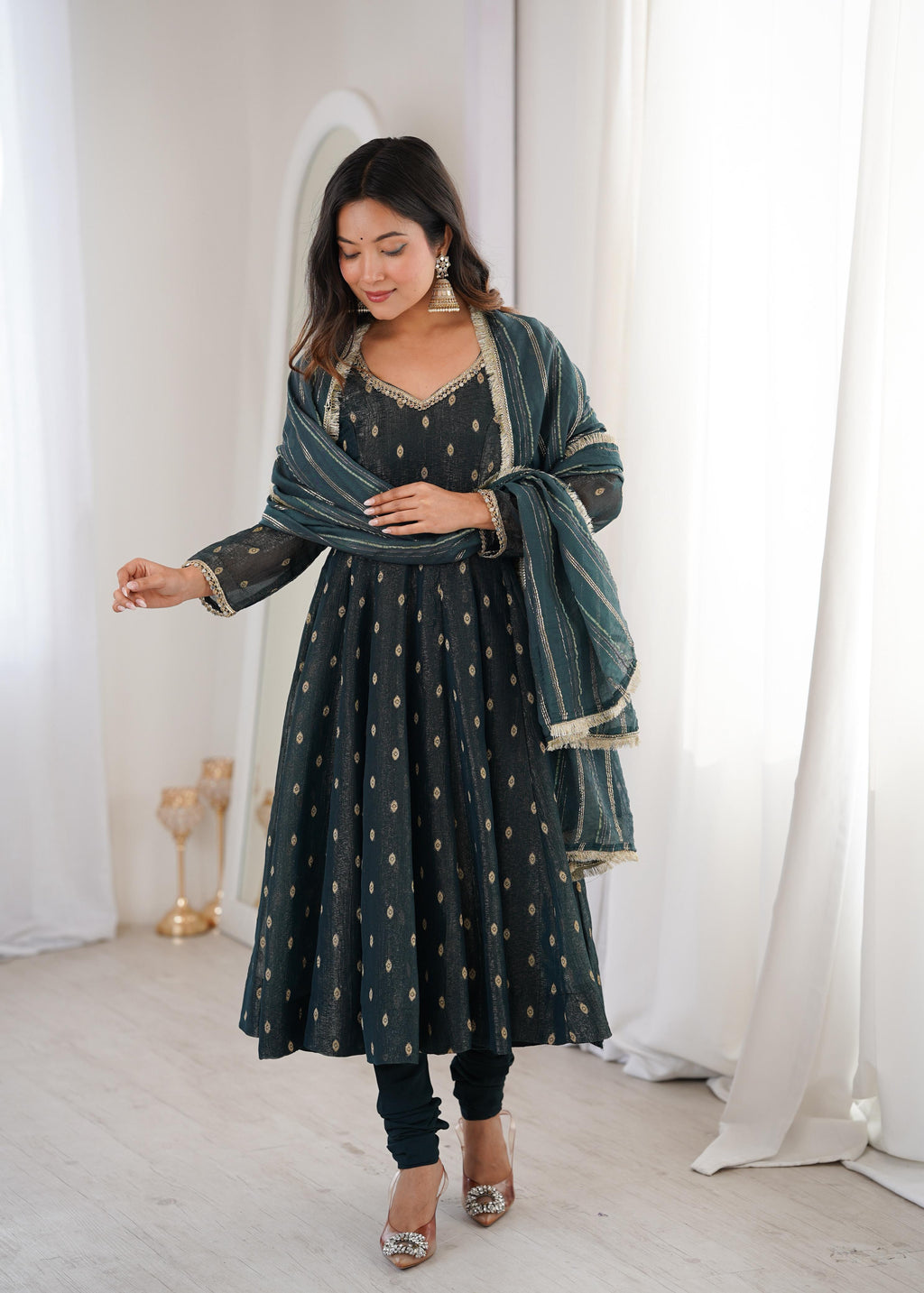 Teal green Crunchy Silk Jacquard Butti and Lace Work Suit Set