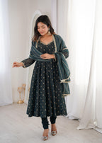 Teal green Crunchy Silk Jacquard Butti and Lace Work Suit Set