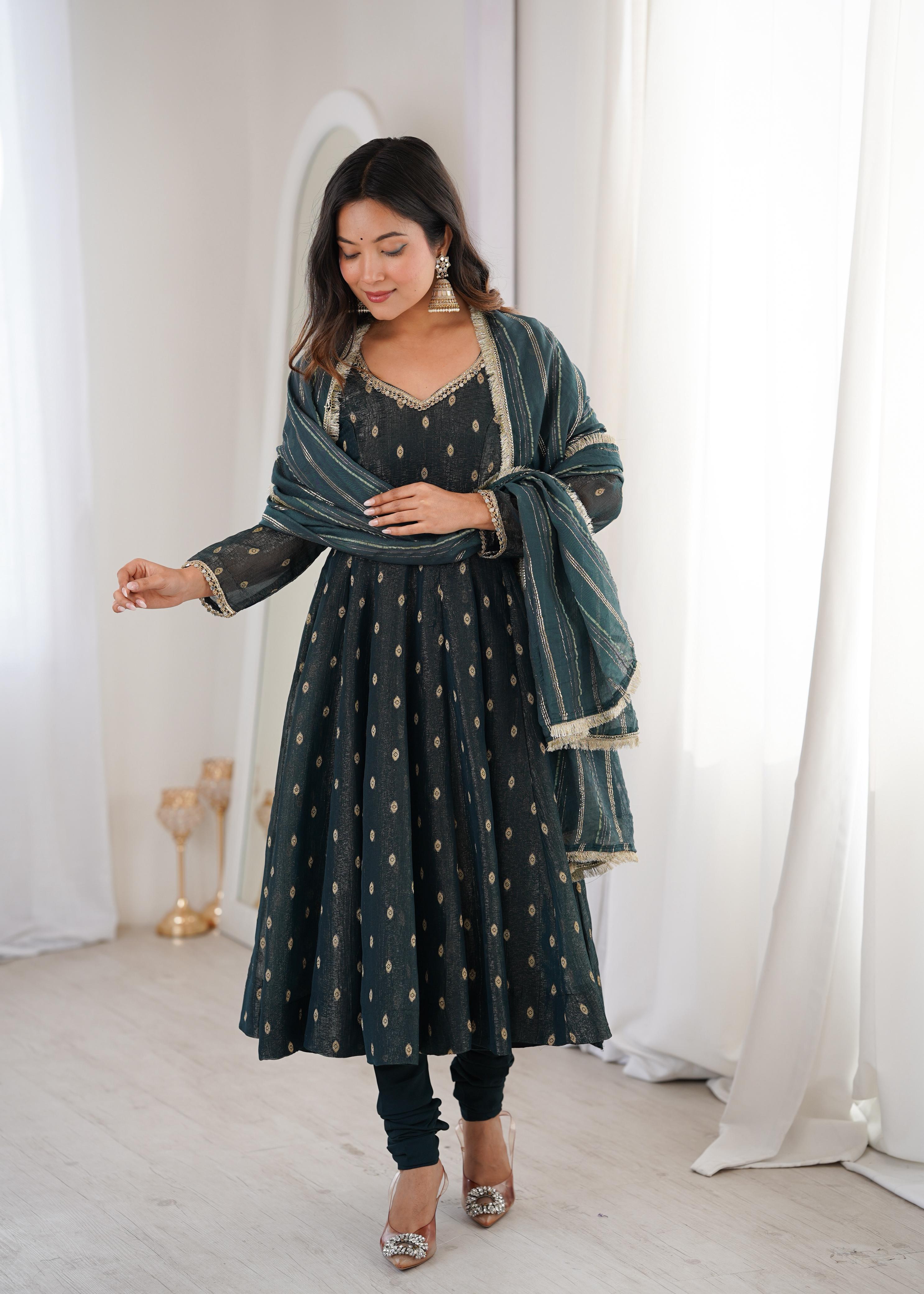 Teal green Crunchy Silk Jacquard Butti and Lace Work Suit Set