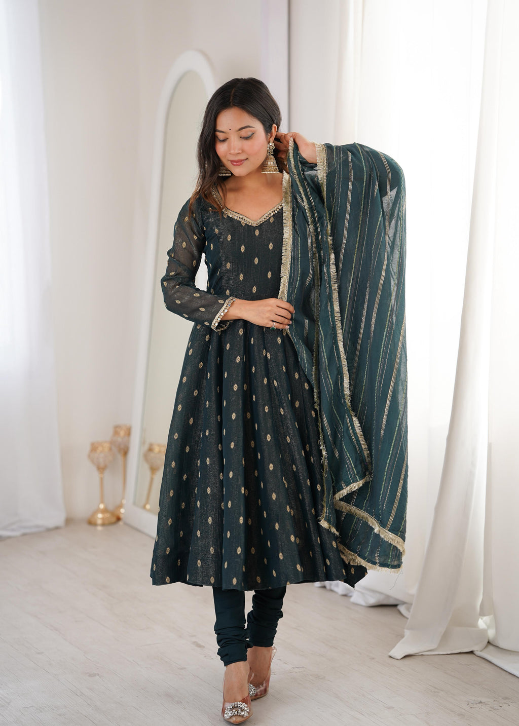 Teal green Crunchy Silk Jacquard Butti and Lace Work Suit Set