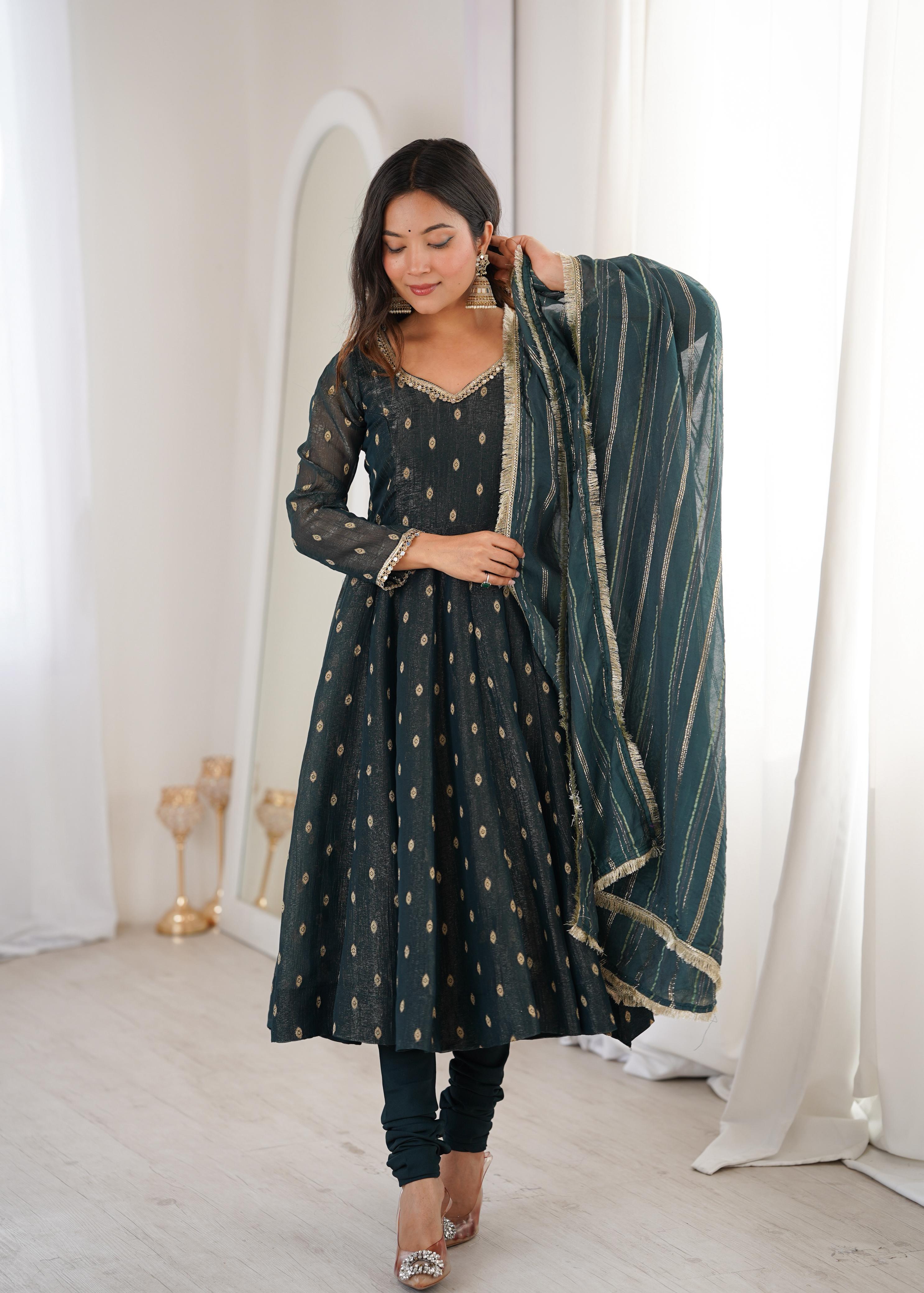 Teal green Crunchy Silk Jacquard Butti and Lace Work Suit Set