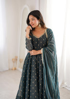 Teal green Crunchy Silk Jacquard Butti and Lace Work Suit Set
