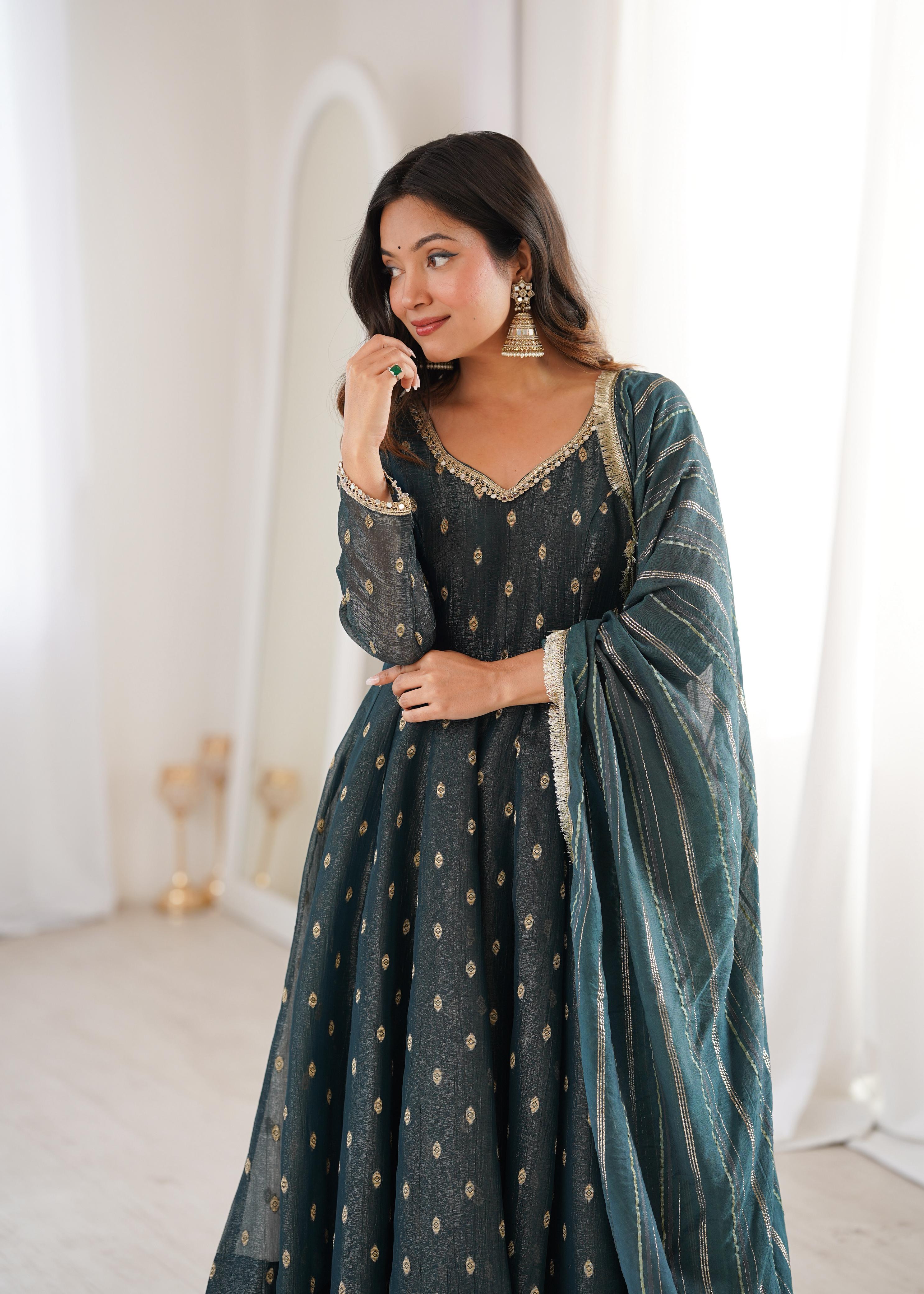Teal green Crunchy Silk Jacquard Butti and Lace Work Suit Set