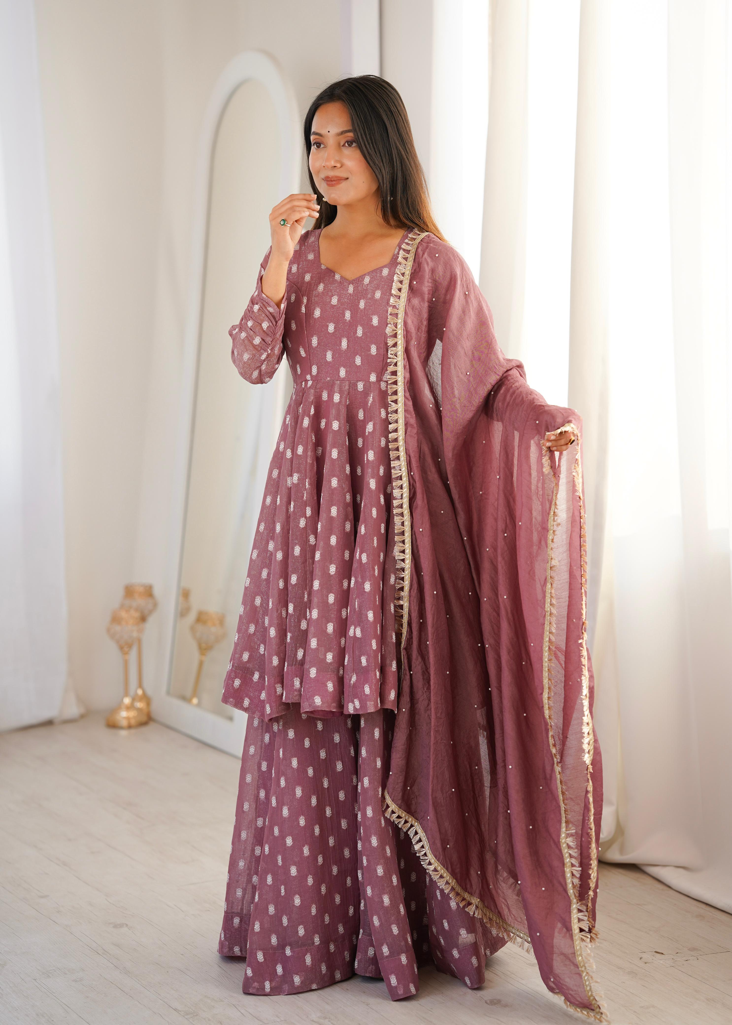 Onion Pink Heavy Crunchy Silk Jacquard Butti Suit Set