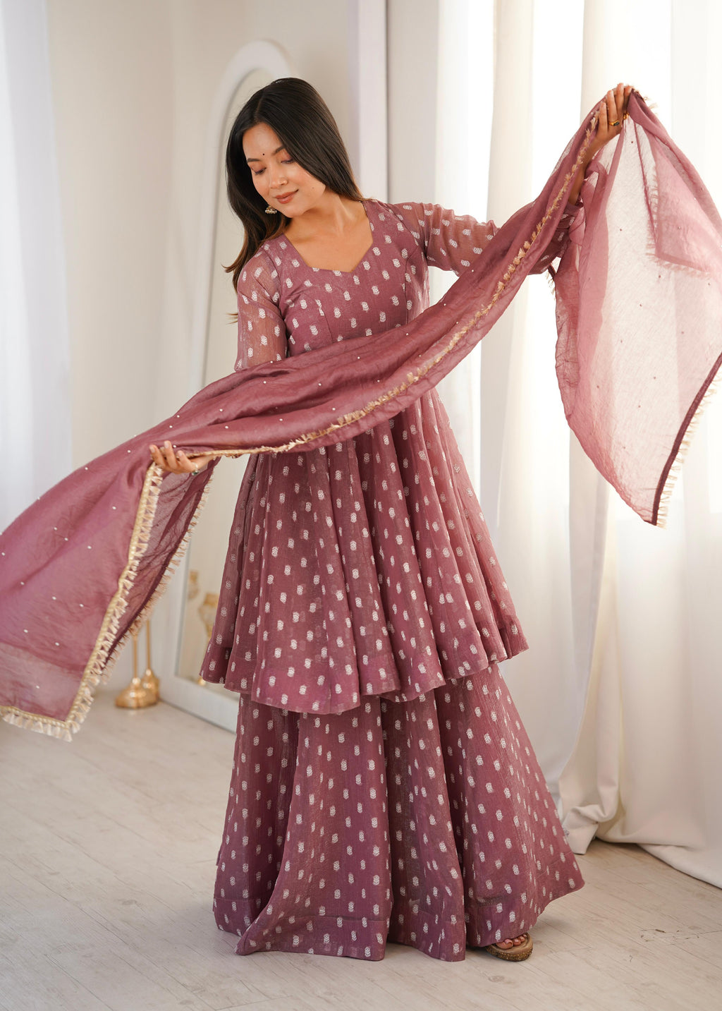 Onion Pink Heavy Crunchy Silk Jacquard Butti Suit Set