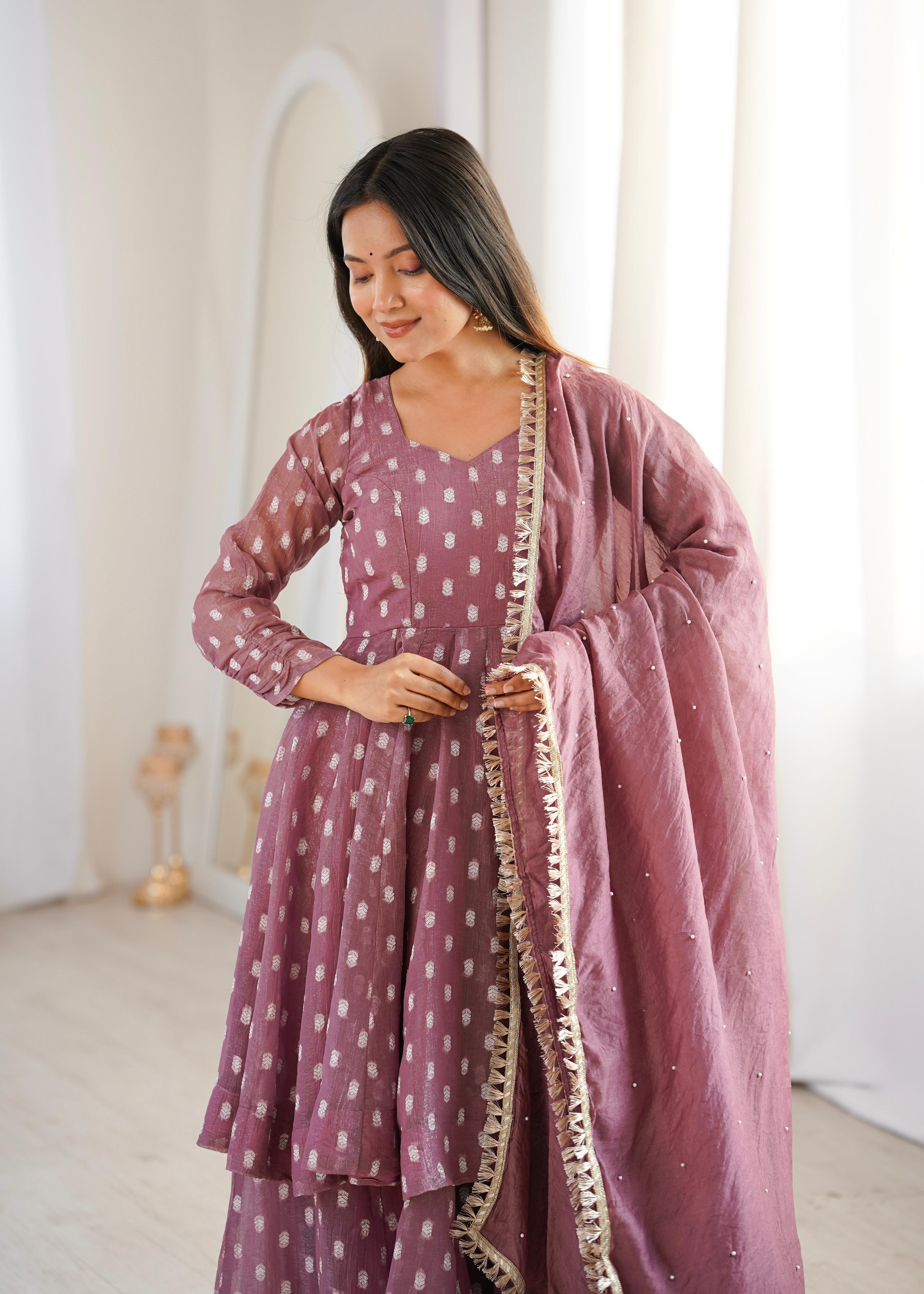 Onion Pink Heavy Crunchy Silk Jacquard Butti Suit Set