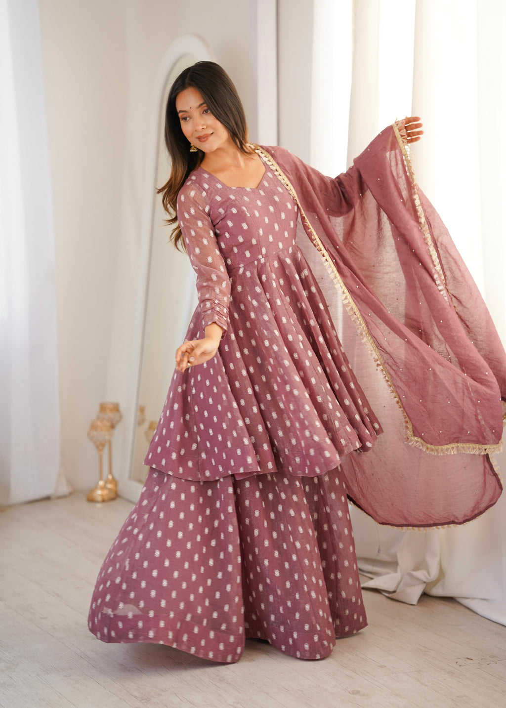 Onion Pink Heavy Crunchy Silk Jacquard Butti Suit Set