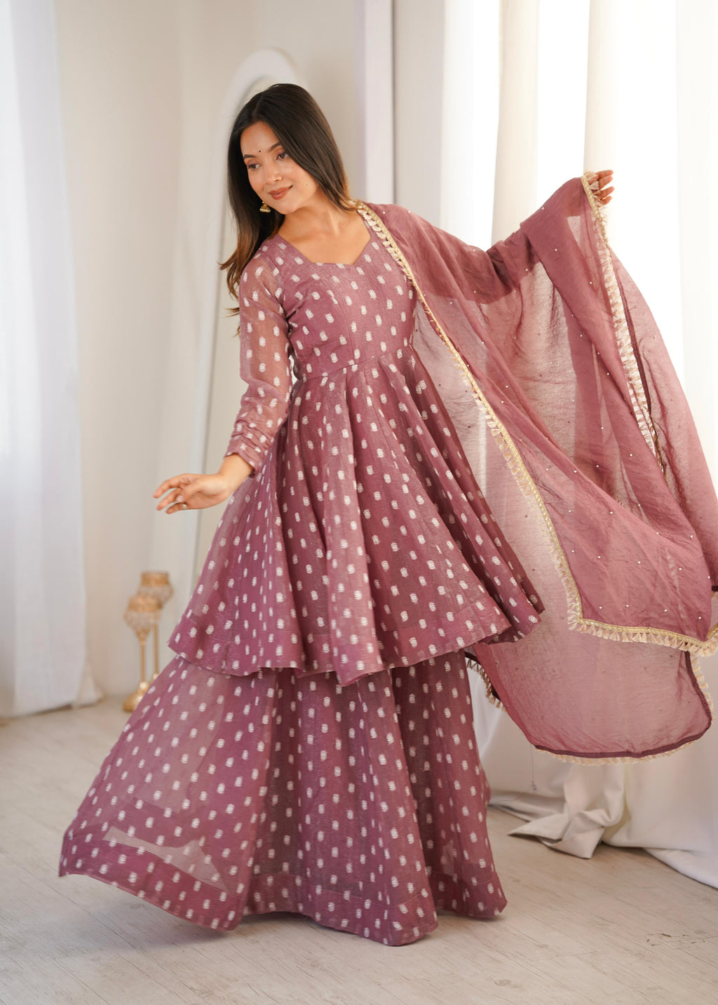 Onion Pink Heavy Crunchy Silk Jacquard Butti Suit Set