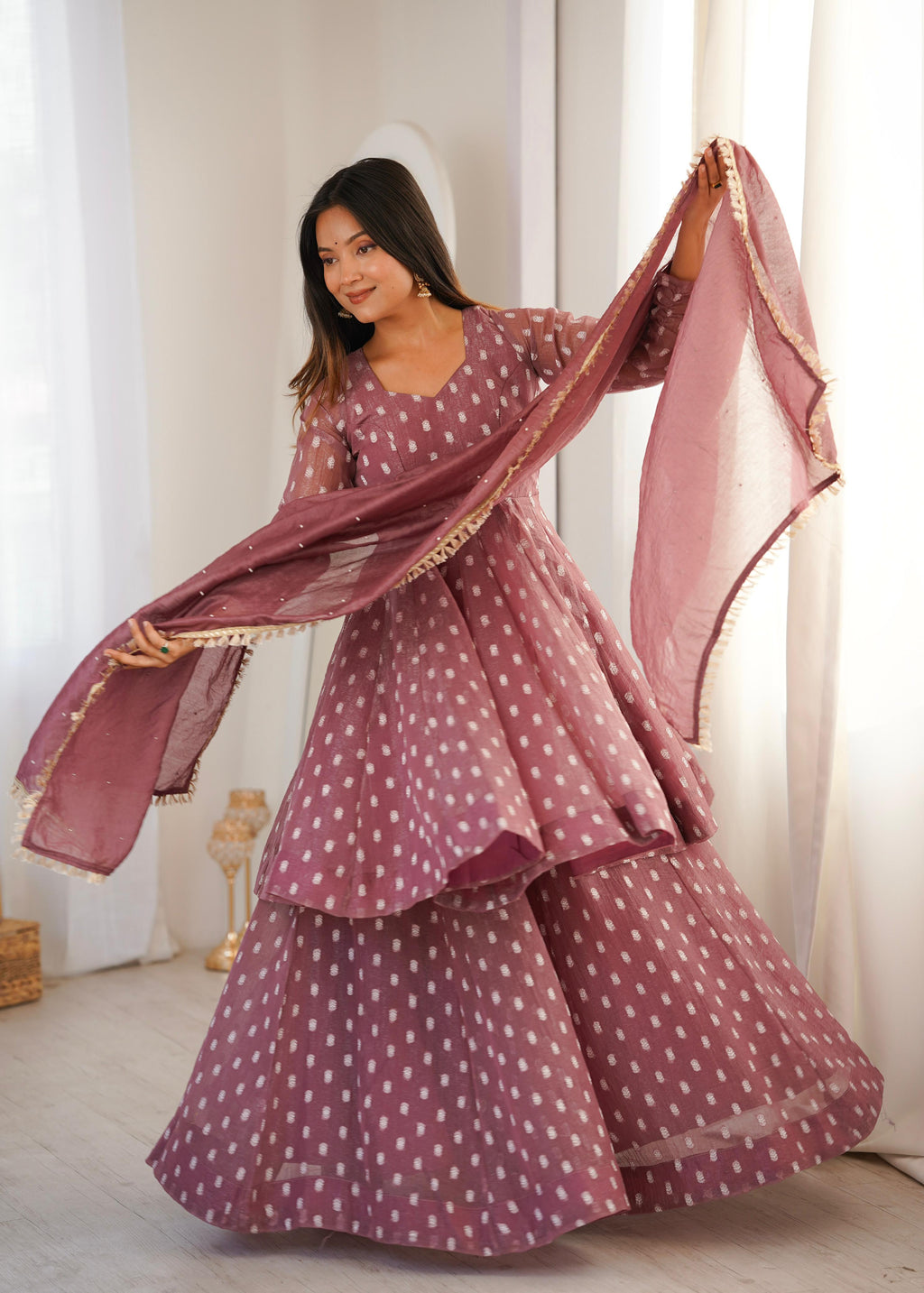 Onion Pink Heavy Crunchy Silk Jacquard Butti Suit Set