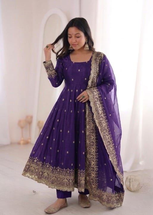 Purple Embroidery Sequins Fandy Silk Work Suit Set