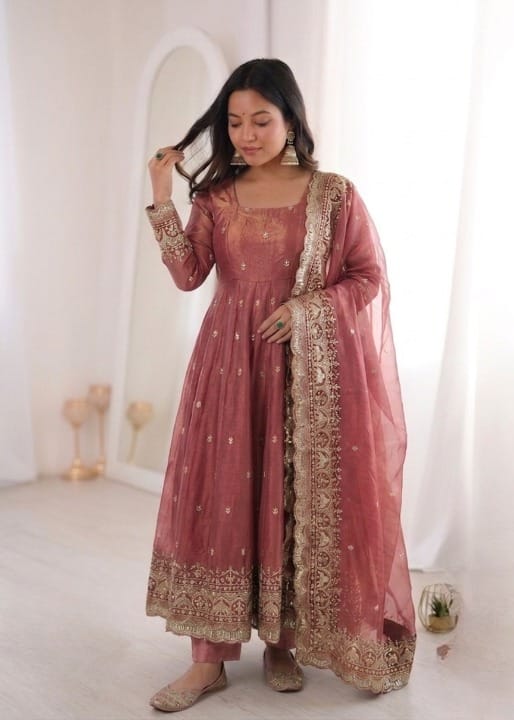 Peach Embroidery Sequins Fandy Silk Work Suit Set