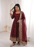Maroon Embroidery Sequins Fandy Silk Work Suit Set