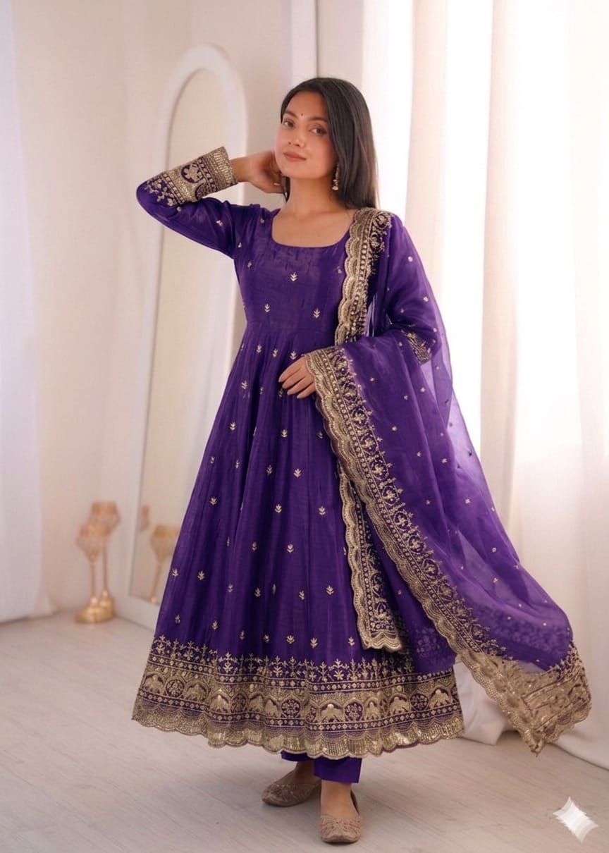 Purple Embroidery Sequins Fandy Silk Work Suit Set