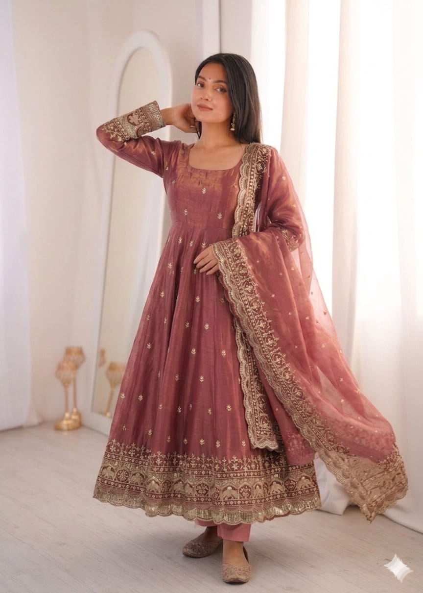 Peach Embroidery Sequins Fandy Silk Work Suit Set